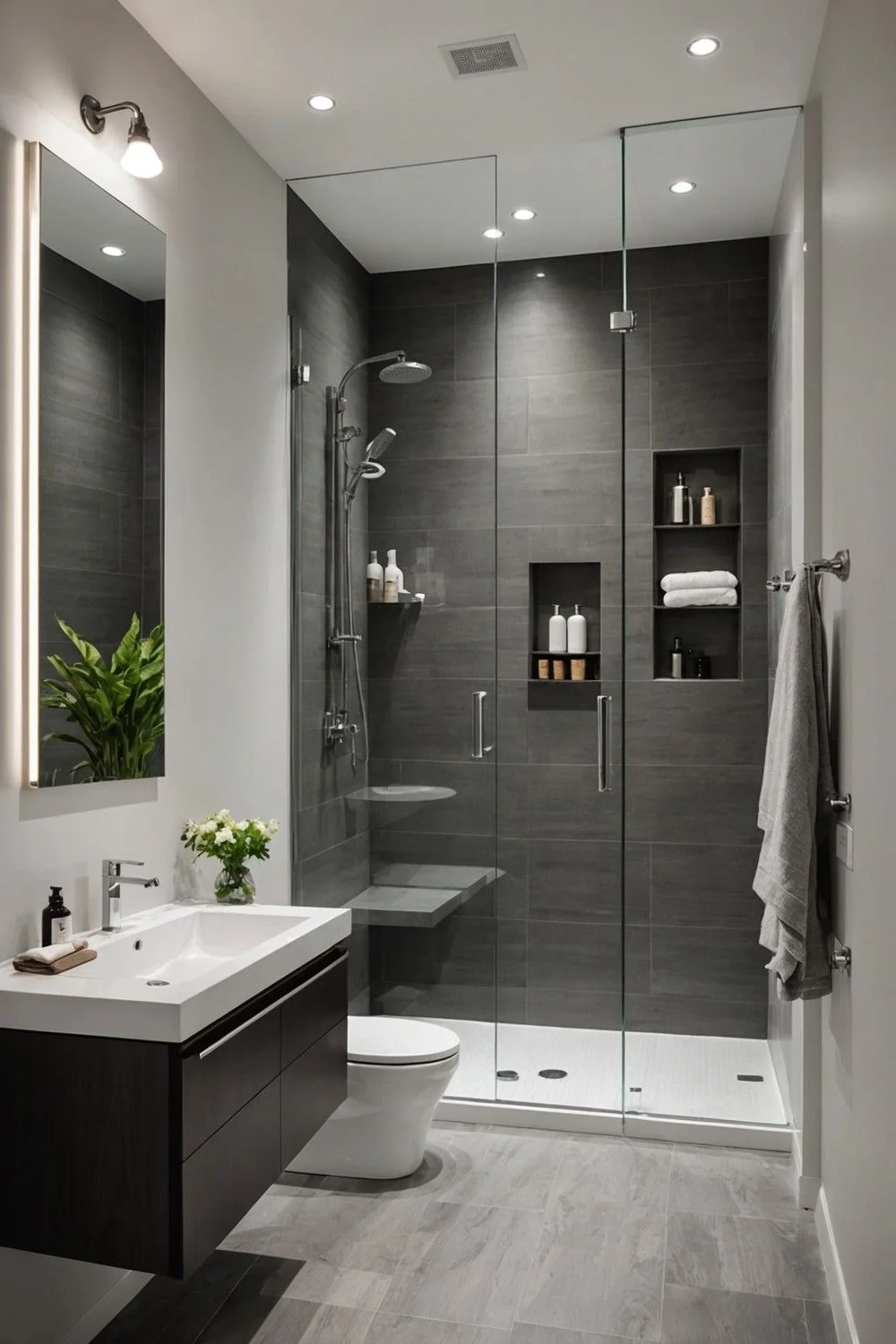 Bathroom design with dark wall finishes and modern fixtures