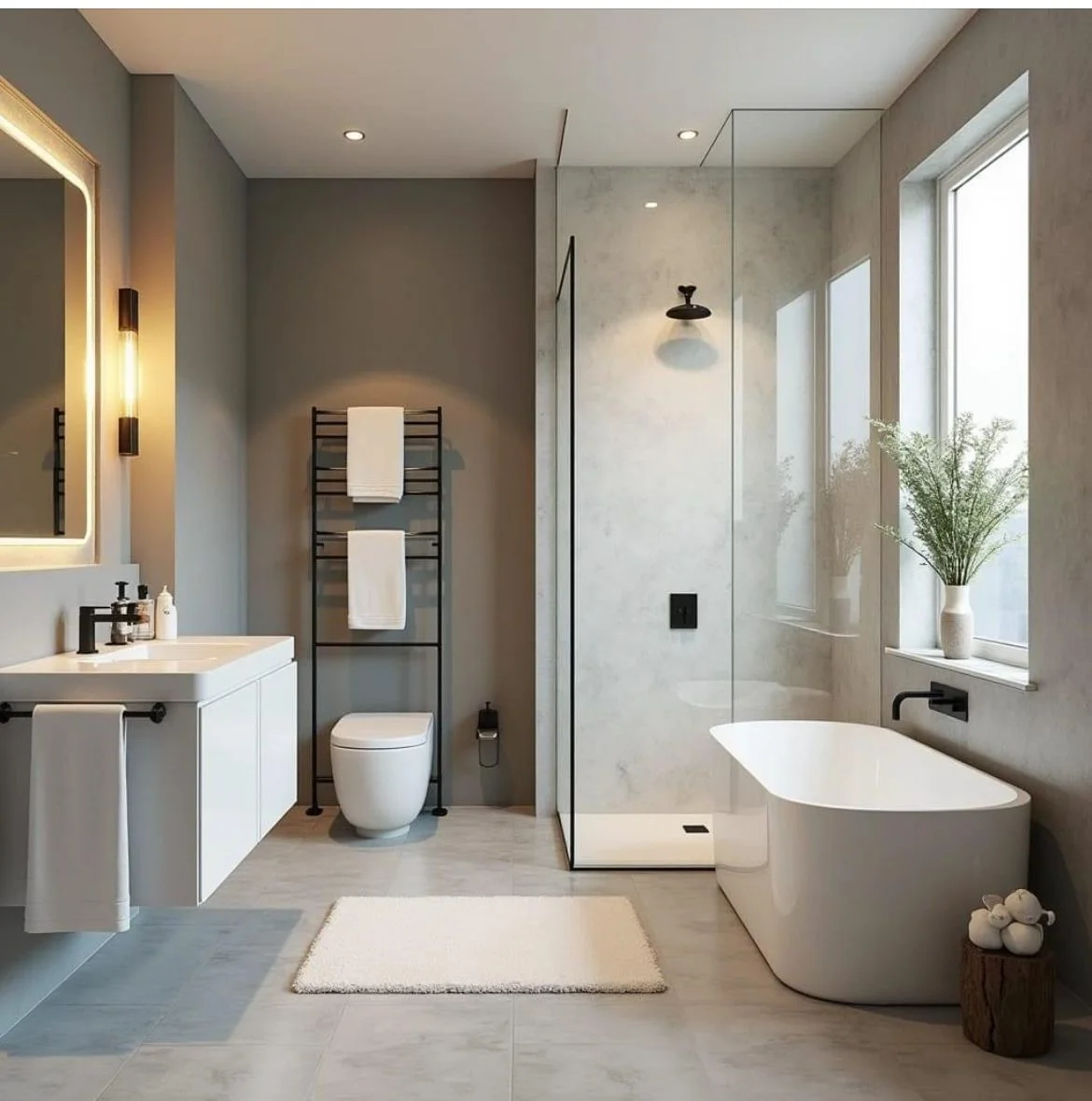 Warm toned bathroom with glass shower