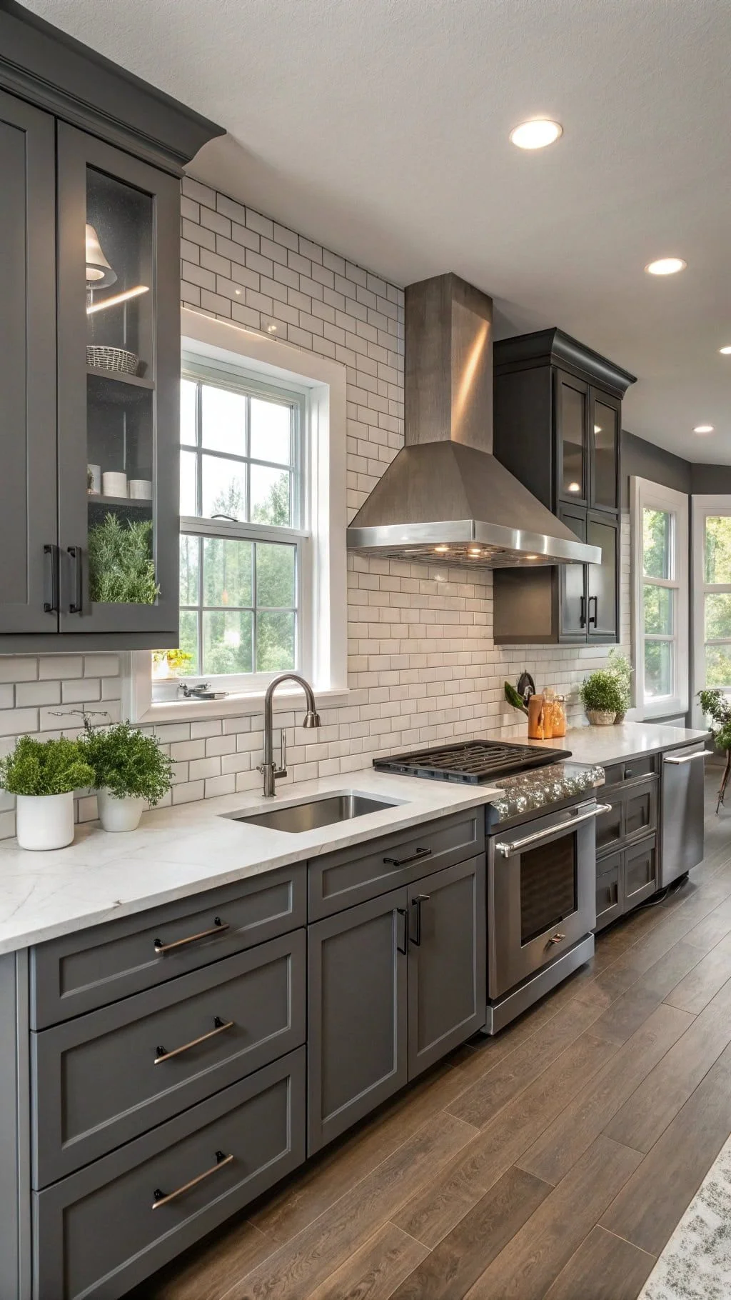 Gray cabinet kitchen subway tile