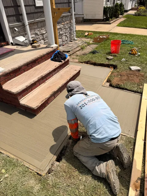 Craftsperson hand-finishing concrete beside front steps