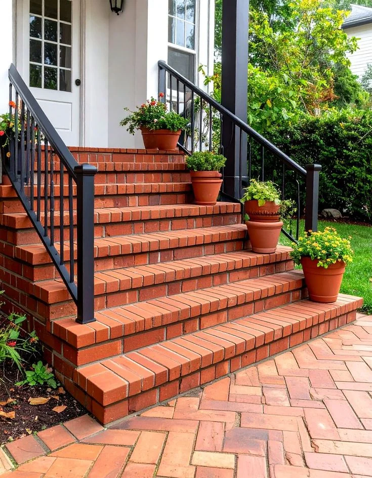 Brick masonry steps with iron railing
